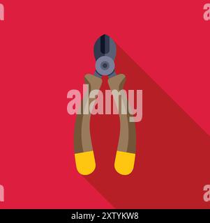 Diagonal pliers with yellow handles casting shadow on red background, professional hand tool for construction and renovation works Stock Vector