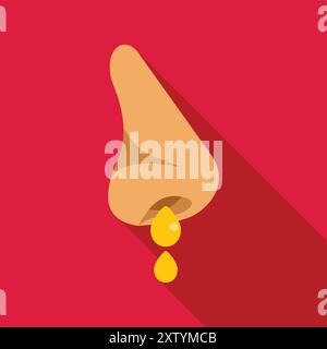 Human nose with yellow liquid dripping representing a runny nose, a common symptom of colds and allergies Stock Vector