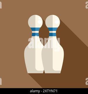 Two white bowling pins with blue stripes standing on brown background with long shadow Stock Vector