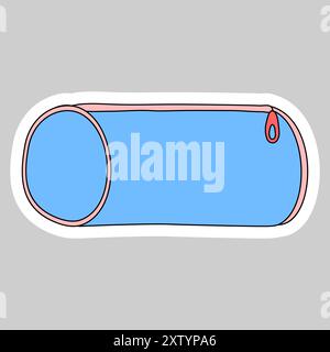 Sticker with blue cylinder pencil case, doodle style vector illustration Stock Vector
