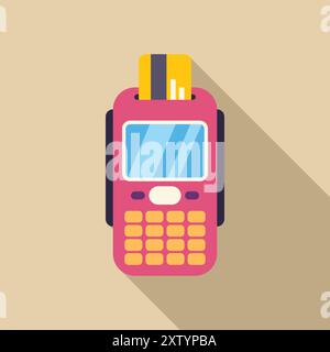 Pink payment terminal with a yellow credit card being inserted Stock Vector