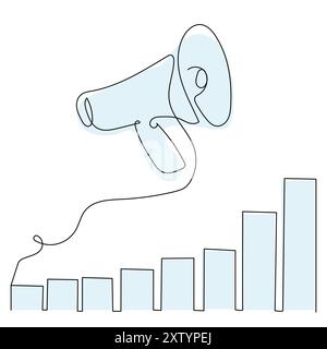 A Simple Line Drawing of a Megaphone Above a Growing Bar Graph Representing Communication and Progress Stock Vector