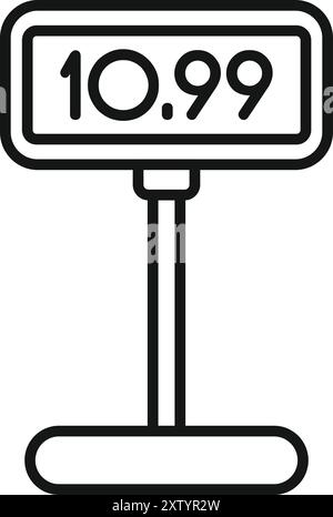 Simple black and white icon of a price tag showing 10.99 dollars standing on a counter Stock Vector