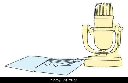Vintage Microphone and Open Booklet Showcasing Sound Waves in a Studio Setting Stock Vector