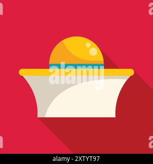 Yellow straw hat with a blue band is casting a long shadow that resembles a cruise ship on a red background Stock Vector