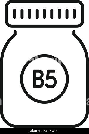 Simple black and white line art representing a bottle of vitamin b5, also called pantothenic acid, a common dietary supplement Stock Vector