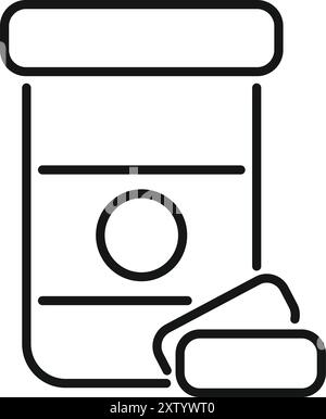 Line icon of pills dropping out of a pill bottle, representing medication and healthcare Stock Vector