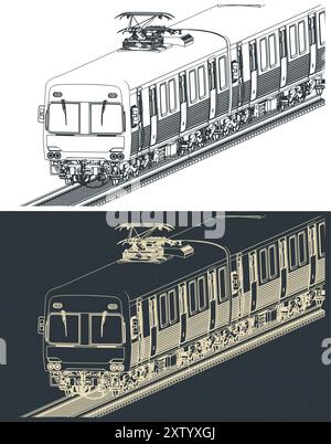 Stylized vector illustration of isometric technical drawings of a city train close up Stock Vector