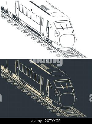 Stylized vector illustrations of isometric technical drawings of a high-speed train close up Stock Vector
