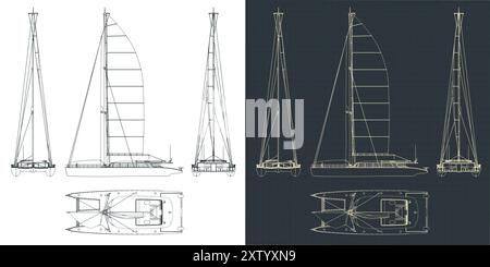 Stylized vector illustrations of technical drawings of a large sailing catamaran Stock Vector