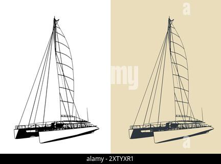 Stylized vector illustrations of a large sailing catamaran Stock Vector