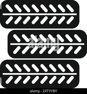Black and white icon of three identical car tires with clearly visible tread lying on top of each other Stock Vector