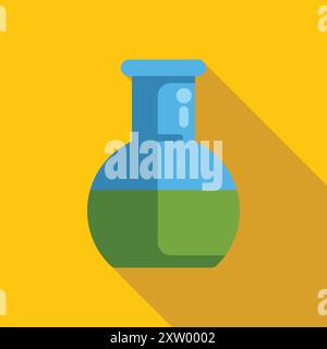 Simple, colorful image of a chemical flask containing a green liquid, set on a bright yellow background Stock Vector