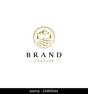 Simple Design of Mountains and Grasslands. Minimalist Illustration Of Mountains, Pine Trees And Meadow In A Circle. Stock Vector