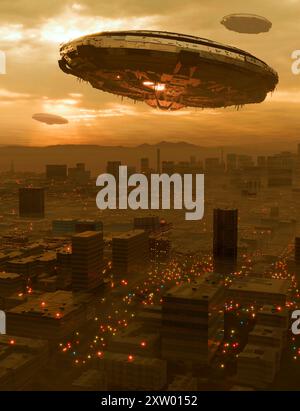 Friend of foe? Space craft of extraterrestrial origin appear in the skies above a major city. Stock Photo