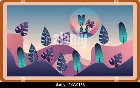 rolling hills in shades of pink and purple create a sense of depth  Scattered across the hills are various stylized leaves in shades of green and blue Stock Vector