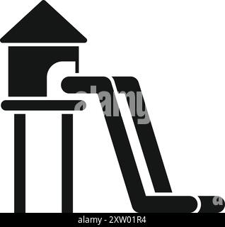 Black solid icon for a double waterslide starting from a platform with a roof Stock Vector