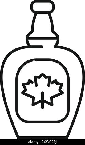 Black and white line drawing of a bottle of maple syrup with a maple leaf on the label Stock Vector