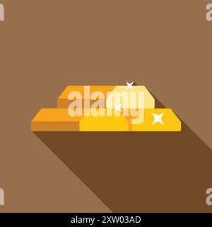 Three gold bars are shining on a brown background with a long shadow Stock Vector
