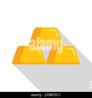 Simple flat design illustration of three shiny gold bars forming a pyramid shape, with a long shadow cast to the right Stock Vector