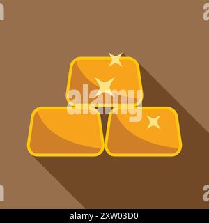 Three gold bars are stacked on top of each other, creating a pyramid shape, with a long shadow Stock Vector