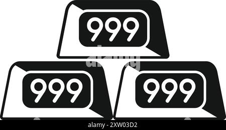 Black and white vector illustration of three gold bars with 999 sample representing success and wealth Stock Vector