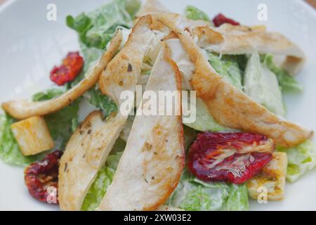A fresh and appetizing Caesar Salad made with grilled chicken and sundried tomatoes Stock Photo