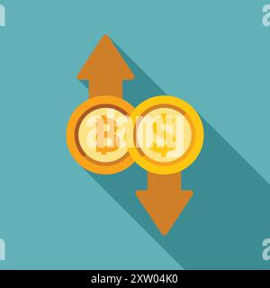 Gold coins with bitcoin and dollar signs showing contrasting financial trends with long shadows on a blue background Stock Vector