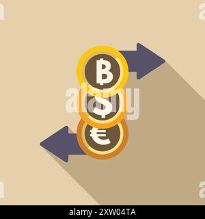 Currency exchange concept showing converting bitcoin, dollar and euro with arrows Stock Vector