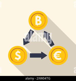Concept of cryptocurrency exchange showing converting from bitcoin to euro and dollar and vice versa Stock Vector