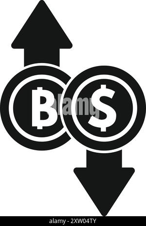 Simple black and white icon showing the exchange rate of bitcoin cryptocurrency increasing while the value of the dollar is decreasing Stock Vector
