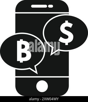 Black and white vector showing the exchange rate between bitcoin and us dollar on a smartphone Stock Vector