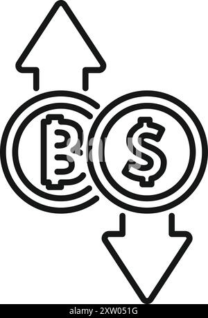 Line art vector icon of the exchange rate of bitcoin cryptocurrency increasing as the value of the dollar decreases Stock Vector