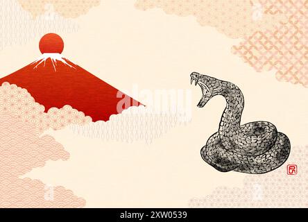 2025 Year of the Snake Japanese New Year's greeting card, Japanese pattern background of a menacing snake coiled in an ink painting style, red Fuji at Stock Vector