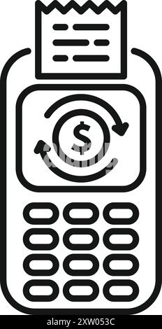 Line art style icon of a mobile bank terminal printing a receipt and showing money circulation Stock Vector