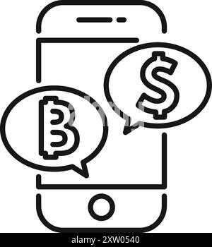Cryptocurrency exchange concept with a smartphone showing bitcoin converting to dollar currency Stock Vector
