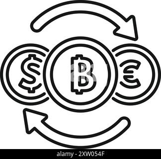 Cryptocurrency exchange concept with arrows showing converting process between bitcoin, dollar and euro Stock Vector