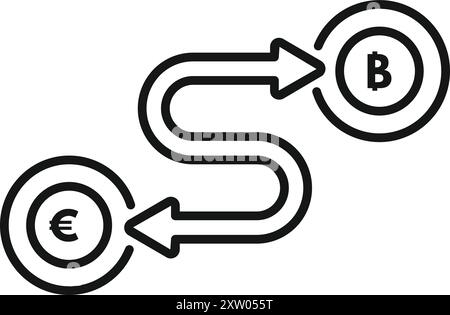 Line art vector of a currency exchange concept, showing the euro sign converting to the bitcoin cryptocurrency symbol Stock Vector