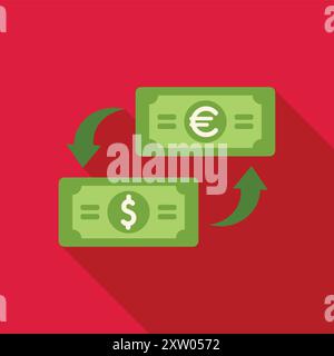 Green banknotes with dollar and euro sign exchanging with up and down arrows illustrating the floating exchange rate Stock Vector