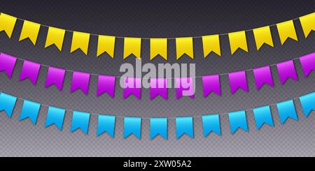 Colorful bunting flags, carnival party flags, festive pennants hanging on a rope. Stock Vector