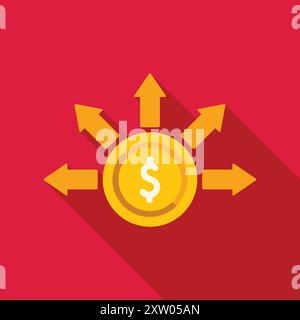 Gold coin with a dollar sign is surrounded by arrows pointing outward, symbolizing the concept of financial diversification Stock Vector