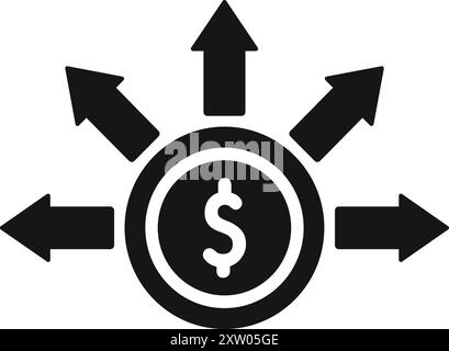 Black and white icon of money distribution, showing several arrows pointing out from a central coin Stock Vector