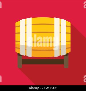 Wooden barrel standing on a red background, a classic symbol of brewing and aging processes Stock Vector