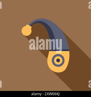 Behind the ear hearing aid icon in flat style with long shadow, improving hearing loss Stock Vector