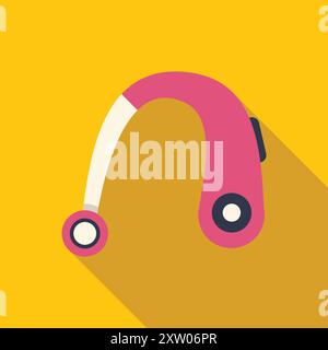Pink bluetooth headset is lying on a yellow background with a long shadow Stock Vector