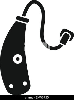 Black glyph icon representing a hearing aid device, improving hearing quality for people with hearing loss Stock Vector