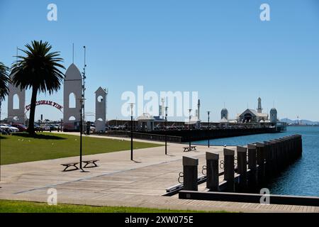 Cunningham Pier, originally known as Railway Pier, opened in the mid-1850s and was an important part of the Geelong Port- Geelong, Victoria, Australia Stock Photo