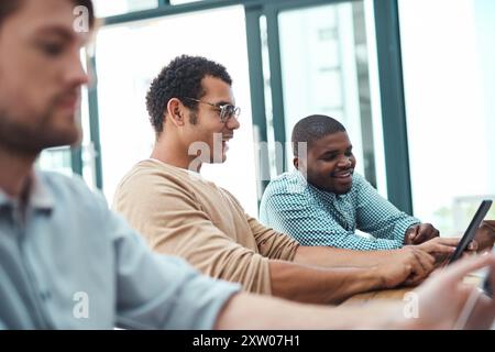 Agency, web designers and happy people on tablet for research, email or info online in creative startup. Plan, teamwork and professional developers in Stock Photo