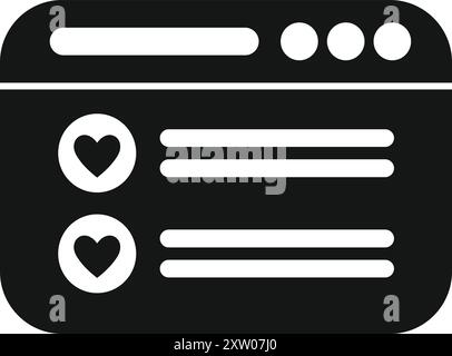 Black and white icon of a website displaying a dating profile with a wishlist Stock Vector