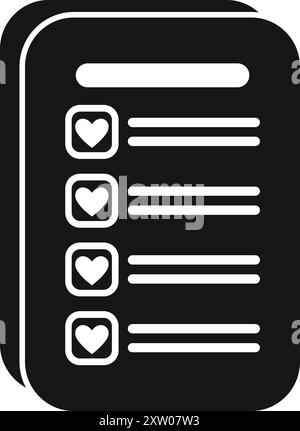 Black and white icon of a smartphone displaying a wish list with hearts, perfect for illustrating online shopping for valentine's day Stock Vector